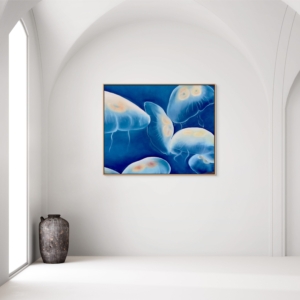 medusa Oil painting of softly glowing jellyfish floating in deep blue water, with translucent forms and warm highlights, creating a calm underwater scene.