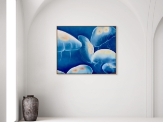 medusa Oil painting of softly glowing jellyfish floating in deep blue water, with translucent forms and warm highlights, creating a calm underwater scene.