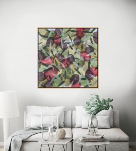 Abstract acrylic painting of olives and leaves in layered green, red, and purple tones, inspired by Mediterranean olive branches in Spain.