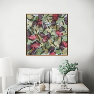 Olives Abstract acrylic painting of olives and leaves in layered green, red, and purple tones, inspired by Mediterranean olive branches in Spain.