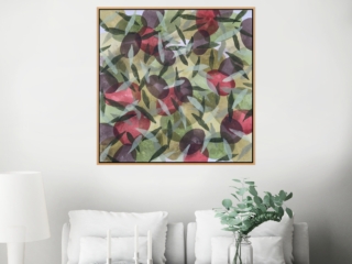 Abstract acrylic painting of olives and leaves in layered green, red, and purple tones, inspired by Mediterranean olive branches in Spain.