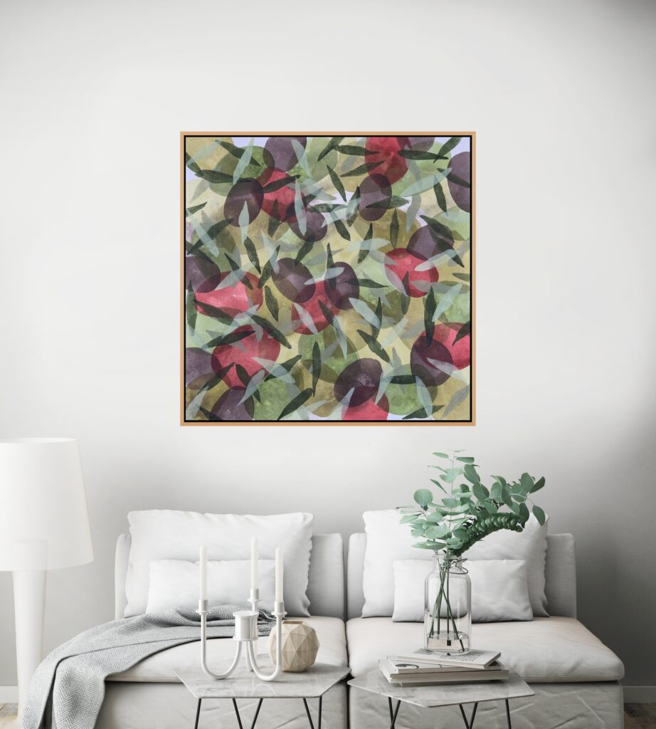 Abstract acrylic painting of olives and leaves in layered green, red, and purple tones, inspired by Mediterranean olive branches in Spain.