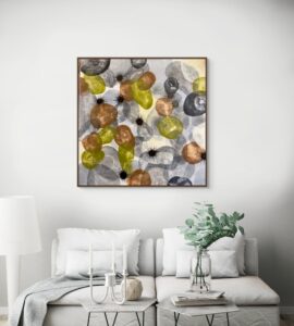 Abstract acrylic painting with layered organic shapes in grey, green, and earthy tones, featuring black spiky forms inspired by sea urchins at Cala del Crit on the Costa Brava.