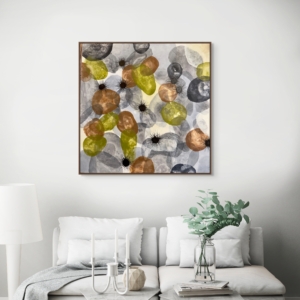 Cala del Crit is an abstract response to the textures of the Costa Brava coastline. Inspired by the beach of the same name, layered forms evoke rocks and shifting surfaces, while dark spiked elements reference sea urchins found in the winter months. Painted in 2025, the work captures the raw, tactile beauty of the shoreline in Spain. Abstract acrylic painting with layered organic shapes in grey, green, and earthy tones, featuring black spiky forms inspired by sea urchins at Cala del Crit on the Costa Brava.