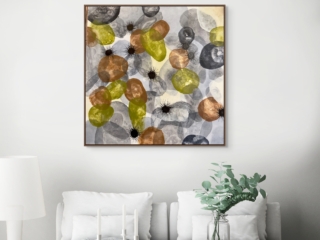 Cala del Crit is an abstract response to the textures of the Costa Brava coastline. Inspired by the beach of the same name, layered forms evoke rocks and shifting surfaces, while dark spiked elements reference sea urchins found in the winter months. Painted in 2025, the work captures the raw, tactile beauty of the shoreline in Spain. Abstract acrylic painting with layered organic shapes in grey, green, and earthy tones, featuring black spiky forms inspired by sea urchins at Cala del Crit on the Costa Brava.