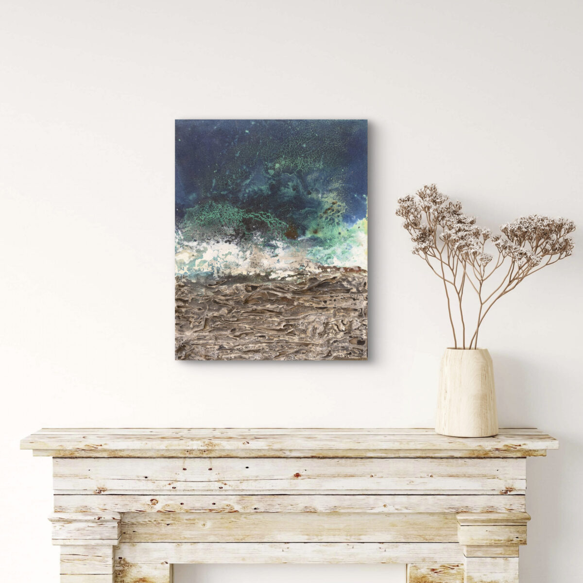 Burnt Ocean, original contemporary Mediterranean seascape painting by Martin Zalesny. Mixed media on canvas with textured natural materials in deep blue, turquoise and earthy tones.