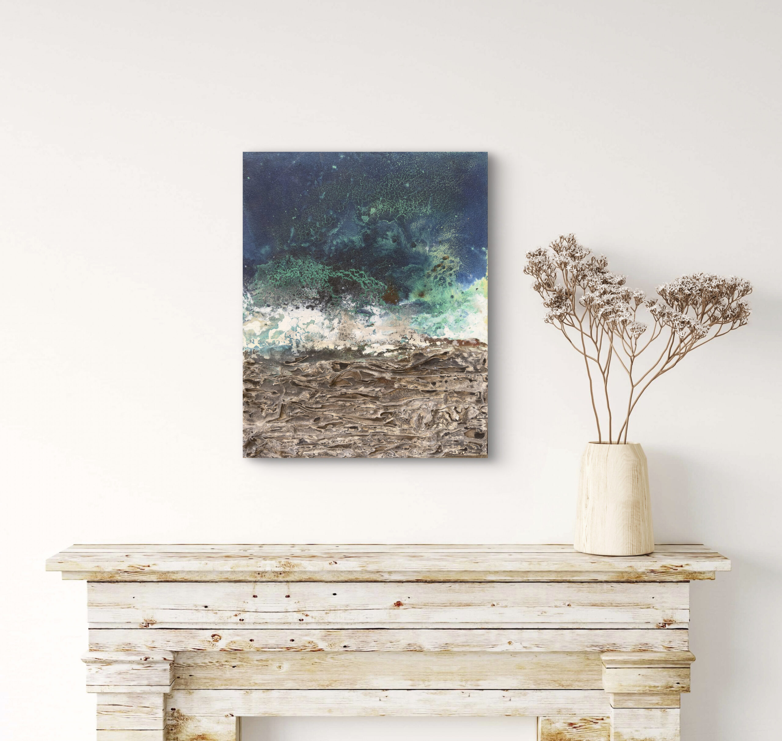 Burnt Ocean, original contemporary Mediterranean seascape painting by Martin Zalesny. Mixed media on canvas with textured natural materials in deep blue, turquoise and earthy tones.