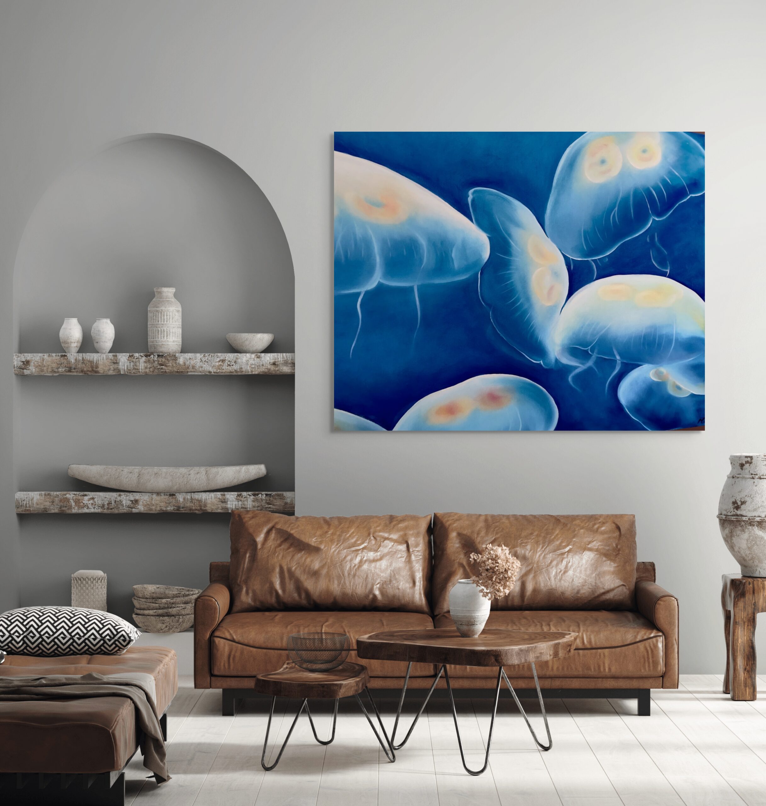 Medusa, original contemporary Mediterranean jellyfish painting by Martin Zalesny. Oil on canvas featuring luminous jellyfish drifting through deep blue Mediterranean waters.