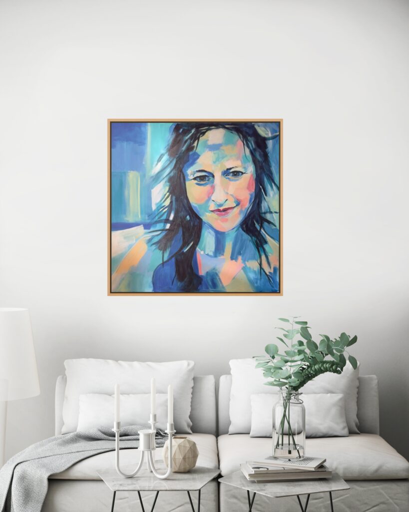 Bridie contemporary acrylic portrait by Martin Zalesny displayed in a modern interior